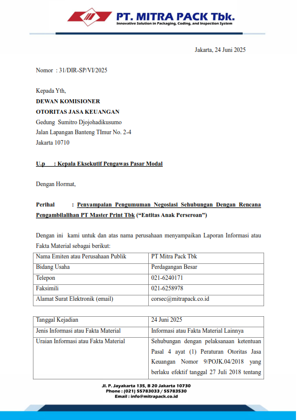 Pengumuman Negosiasi Sehubungan Dengan Rencana Pengambilalihan PT Master Print Tbk