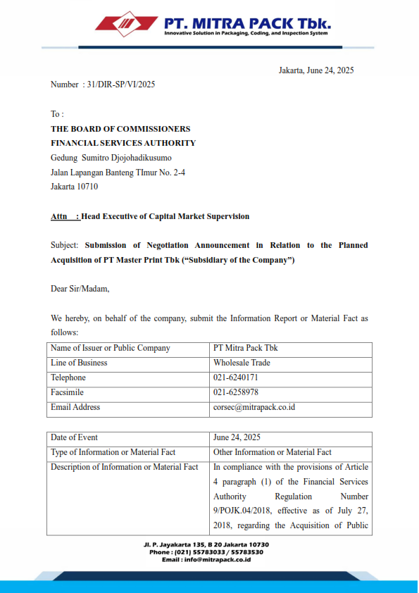 Submission of Negotiation Announcement in Connection with the Plan to Takeover PT Master Print Tbk