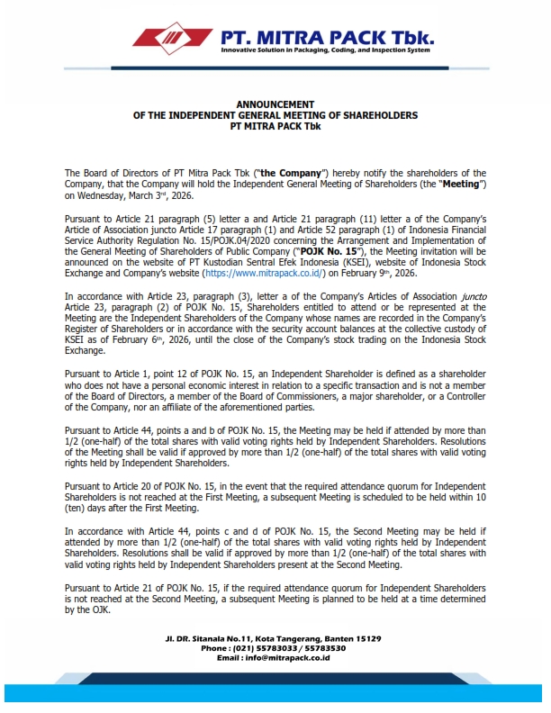 PTMP – Iklan Pengumuman RUPS Independen (ENG)