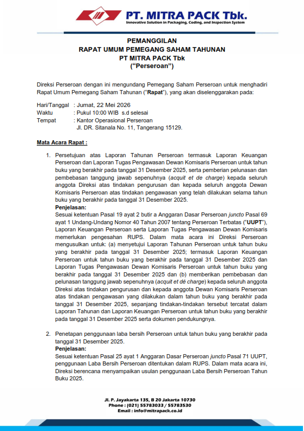Pemanggilan RUPS Tahunan PTMP 2026