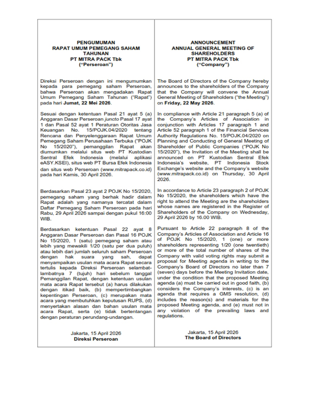 Pengumuman RUPST PTMP 2026